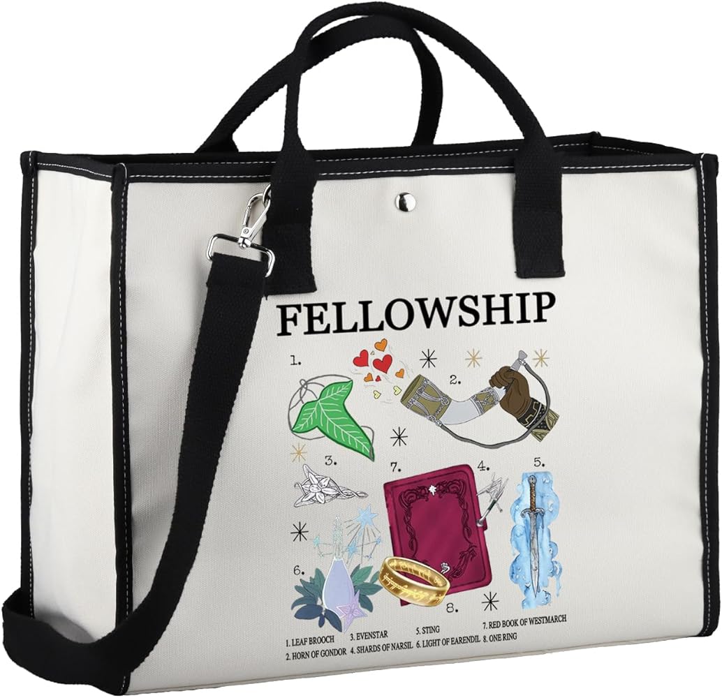 Lord Rings Movie Inspired Gift Fellowship of the Ring Canvas Tote Bag LOTR Elf Green Leaves Shoulder Bag LOTR Movie Fans Gift