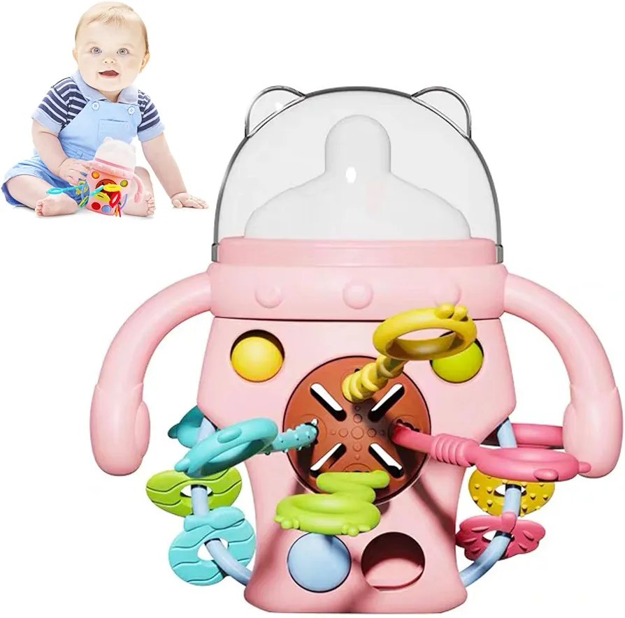 Montessori Toys for Baby 18M+ Food Grade Silicone Pull String&Pacifier teething chew toys， Sensory and Fine Motor Skills Toy for Newborn,Rattle&Travel ToysBoy & Girl Infant toys (B-Pink)