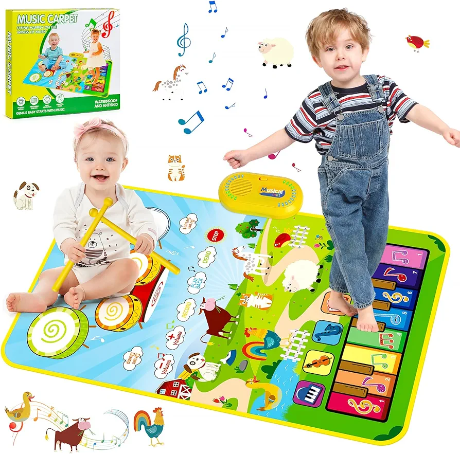 Baby Toys for 1 2 3 Year Old Boys Girls, 3 in 1 Musical Mat Toys, Toddler Piano Mat & Kids Drum Mat, Animal Touch Play Blanket, Learning Birthday Gifts Toys for 1 2 3 Year Old Boys Girls