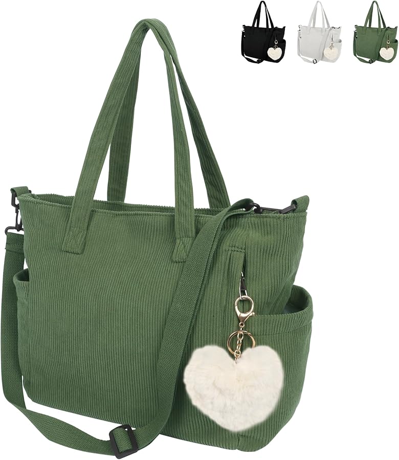 Cord Tote Bag Women's Large Shoulder Bag, Cord Shopper Bag, Women's Handbag, Fashion Shoulder Bag Tote for Everyday Office, School, Travel, Shopping (Green), Green