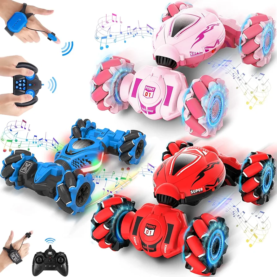 Gesture Sensing RC Stunt Car Toys for Boys Girls 6-12, Birthday Xmas Gifts for Kids 6-12 Years Old, Remote Control Car 2.4GHz 4WD Off-Road 360° Rotate All-Round Drift with Lights Music, 3 Cars