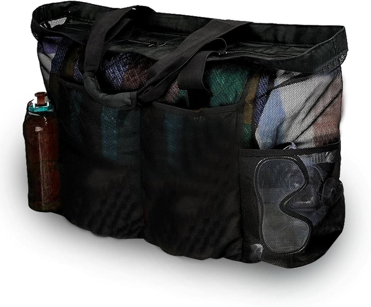 XXL Family Beach Bag, Mesh Beach Bag with Zip, Large Swimming Bag, Foldable Lightweight Mesh Beach Bag for Shoppers, Families, Holidays, Beach Essentials