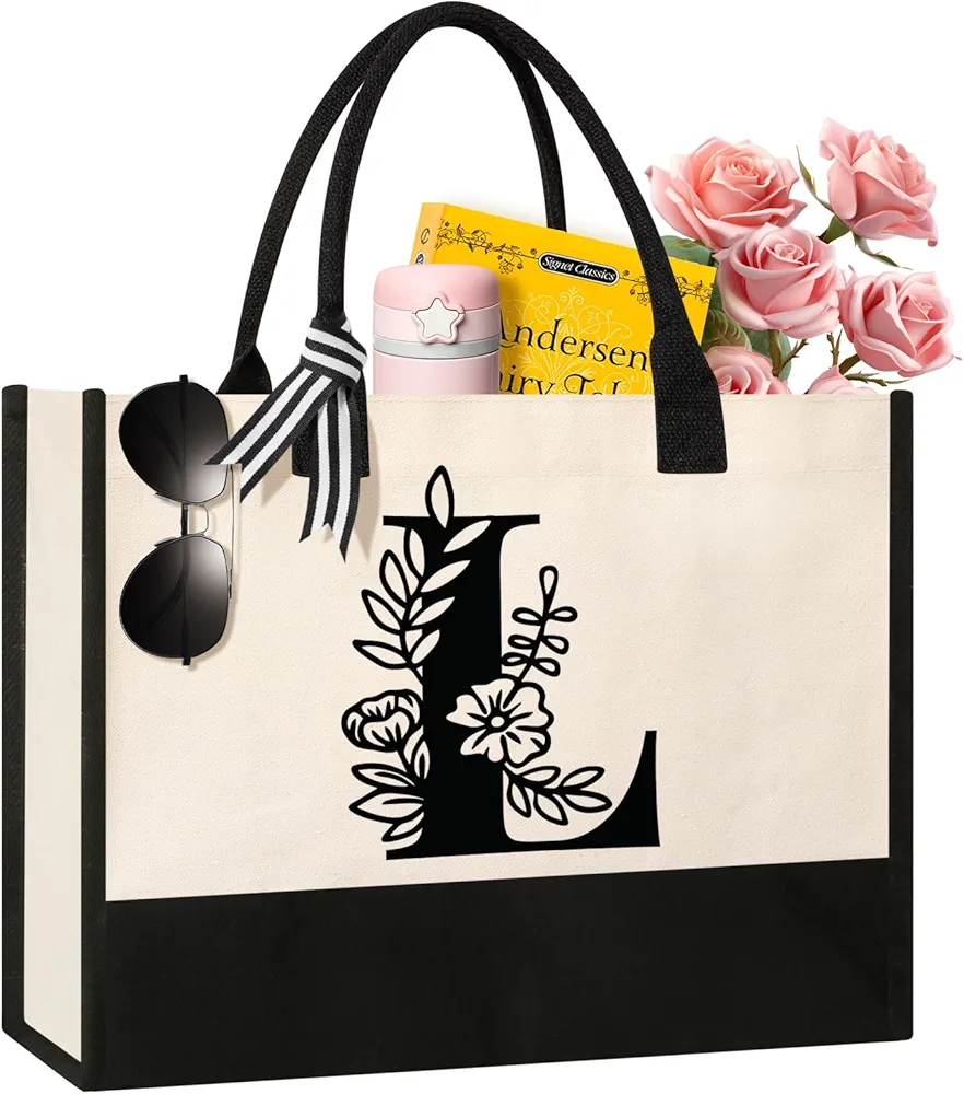 Personalized Initial Canvas Tote Bag, Suitable for Birthday, Wedding, Beach, Holiday, Gifts for Women, Mom, Teachers, Nurses, Best Friends, Bridesmaids (L)