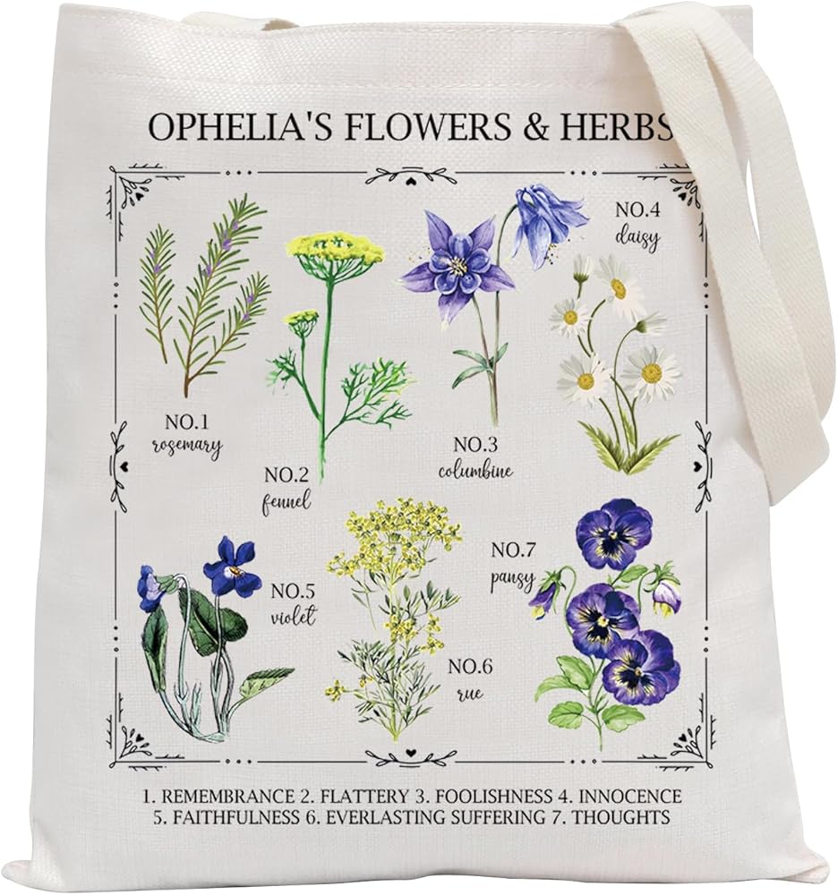 Flower Chart Herbology Floral Gift Cottagecore Shoulder Bag Bookish Bookworm Gift Ophelia’s Flowers and Herbs Tote Bag