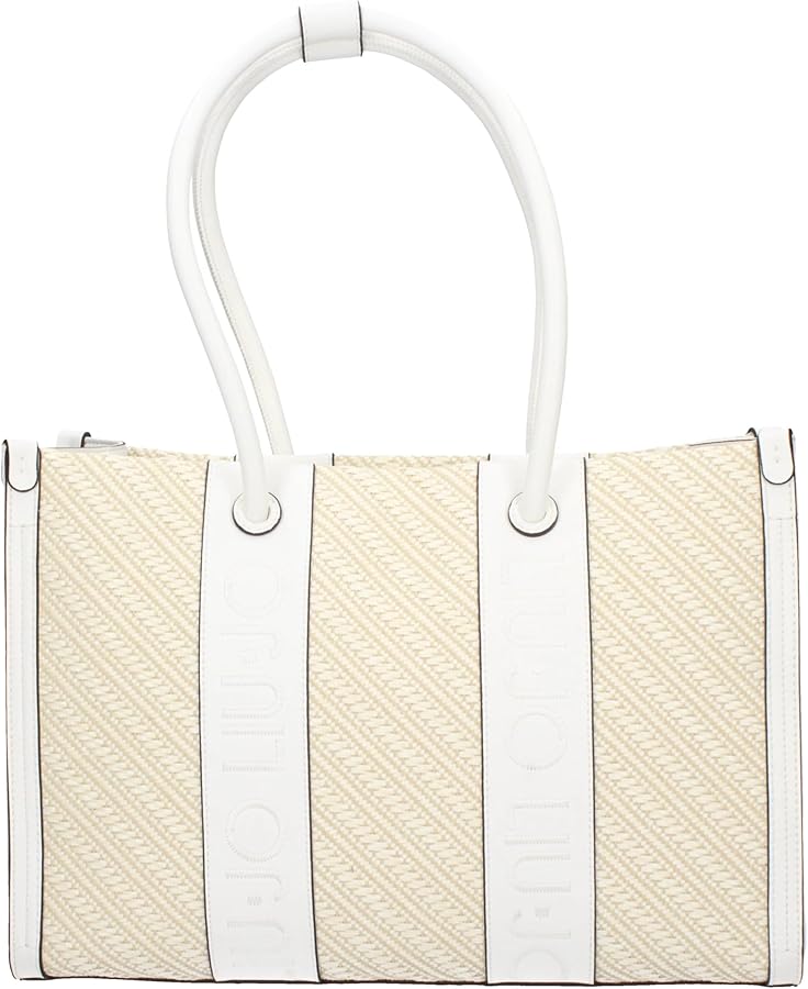 Jeans Raffia shopping bag with logo Embroidered logo on the front Comfortable handles Metal feet on the bottom Closure with magnetic button Dimensions: 45 x 13 x 33 cm