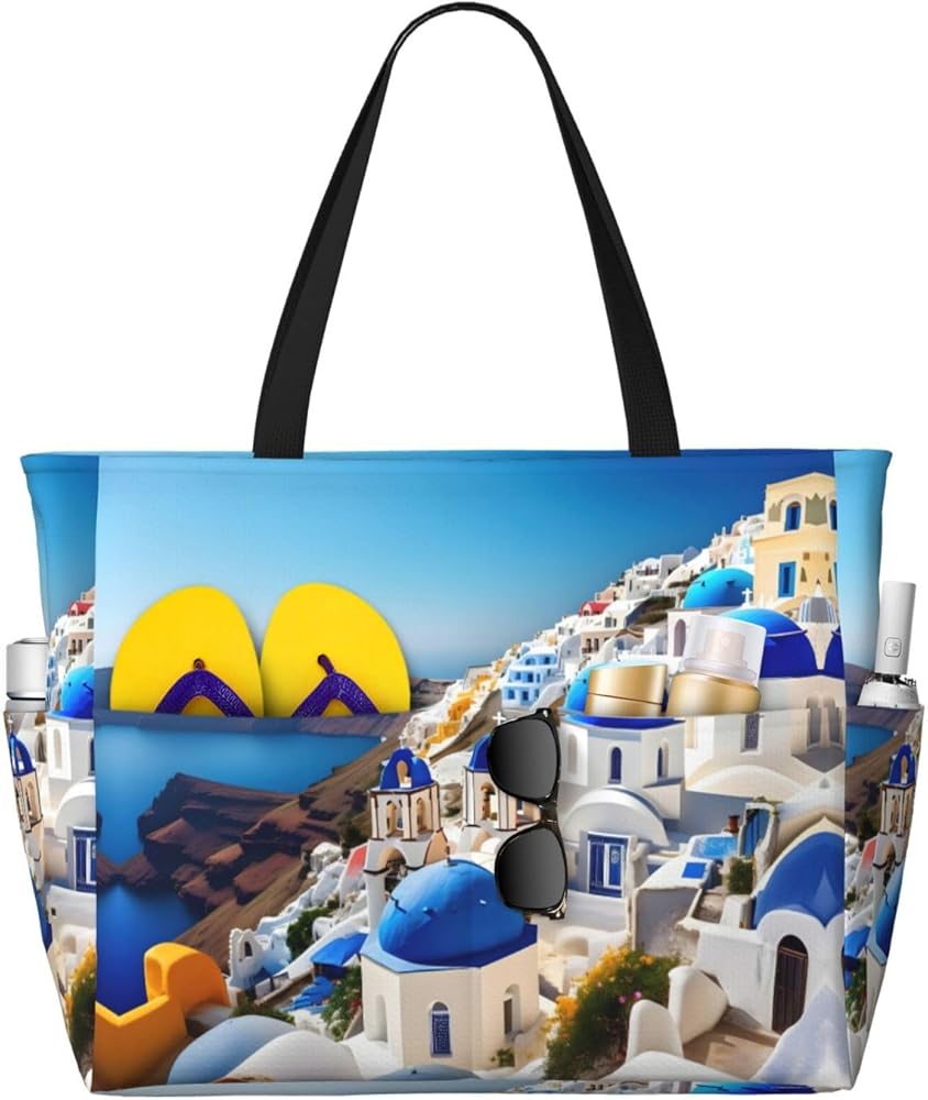 Santorini Greek Island Sea View Print Print Waterproof Gym Shoulder Bag,Fashion Summer Beach Tote Bags Large Travel Totes
