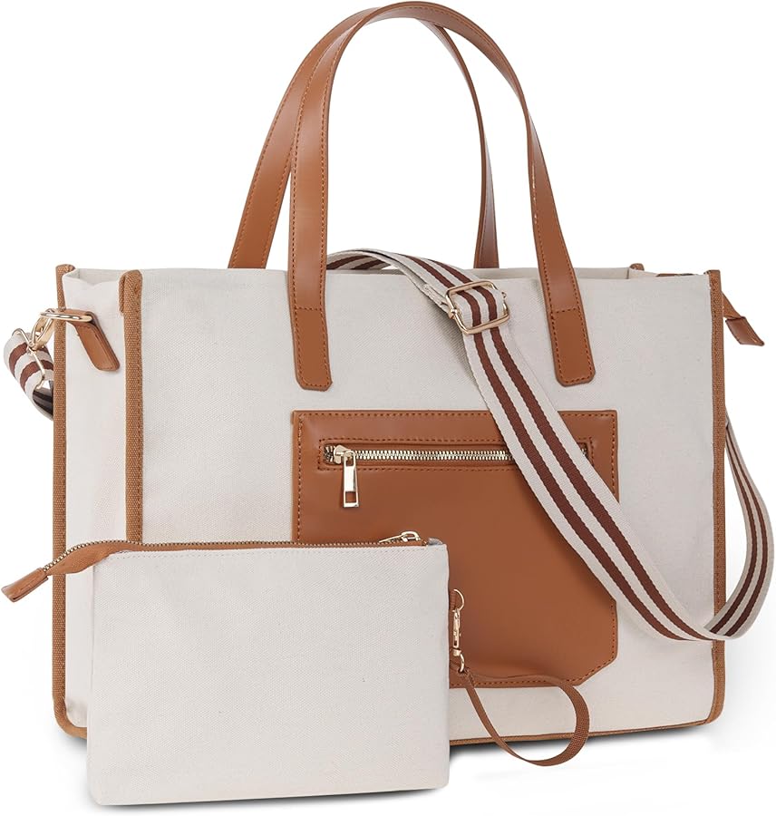KINGSLONG Laptop Handbag Women's Canvas Laptop Bag 15.6 Inch Shoulder Bags Shopper Women's Large Tote Bag Women's Briefcase Notebook Bag Work Bag for Office School Travel