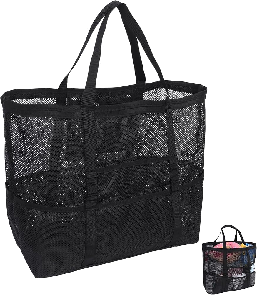 Beach Bag XXL Family Beach Bag with Zip Large Mesh Beach Tote Bag Women's Swimming Bag Foldable Shoulder Bags for Beach Travel Picnic 42 x 38 x 20 cm, Black, black