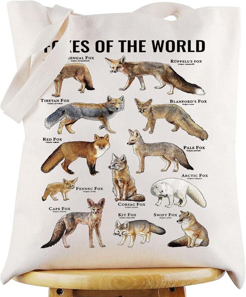 WZMPA Funny Fox Tote Bag Fox Lover Gift Foxes Of The World Reusable Grocery Bag Fox Species Merchandise