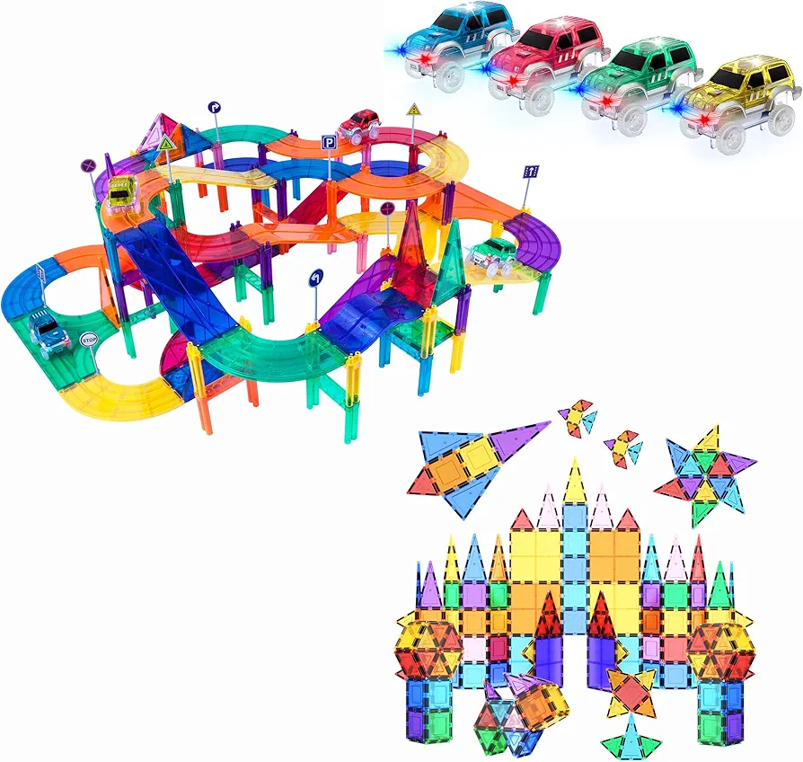 PicassoTiles 150PC Magnetic Race Car Track + 100PC Magnet Tiles, Fun & Creative Playset: STEAM Learning, Enhance Construction Skills, Hand-Eye Coordination and Fine Motor Skills, Gift for Boys & Girls
