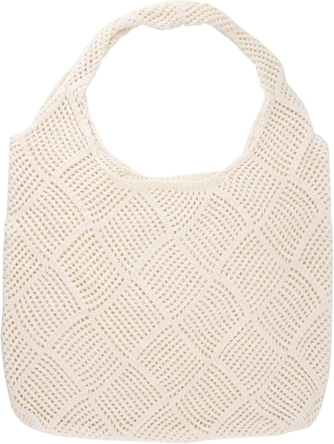 Crochet Tote Bag, Mesh Beach Bag for Women Knit Summer Hobo Bag Vacation Boho Tote Bag, Beige, one size