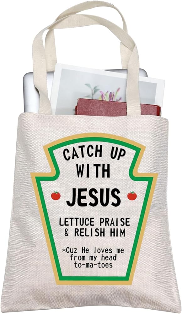 AKTAP Funny Jesus Religious Tote Bag Love Jesus Gift Catch Up With Jesus Canvas Bag Jesuit Believers Gift Idea