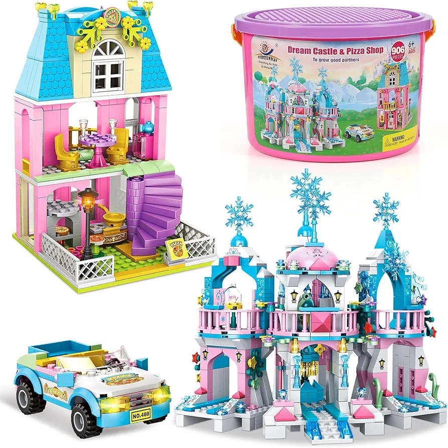 906 PCS House Building Set for Girls 6-12, Pizza Shop Building Blocks, and Magical Ice Castle Toy Blocks Kit with Storage Box, Best Learning and Roleplay Toy Christmas Birthday Party Gifts for Kids 6+