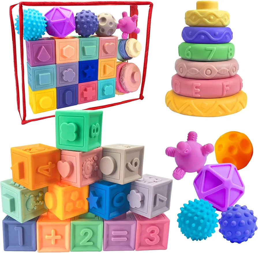 Baby Textured Multi Sensory Toys Massage Ball, Soft Stacking Blocks for Toddlers 1-3 Learning & Education Toys 6-12 Months