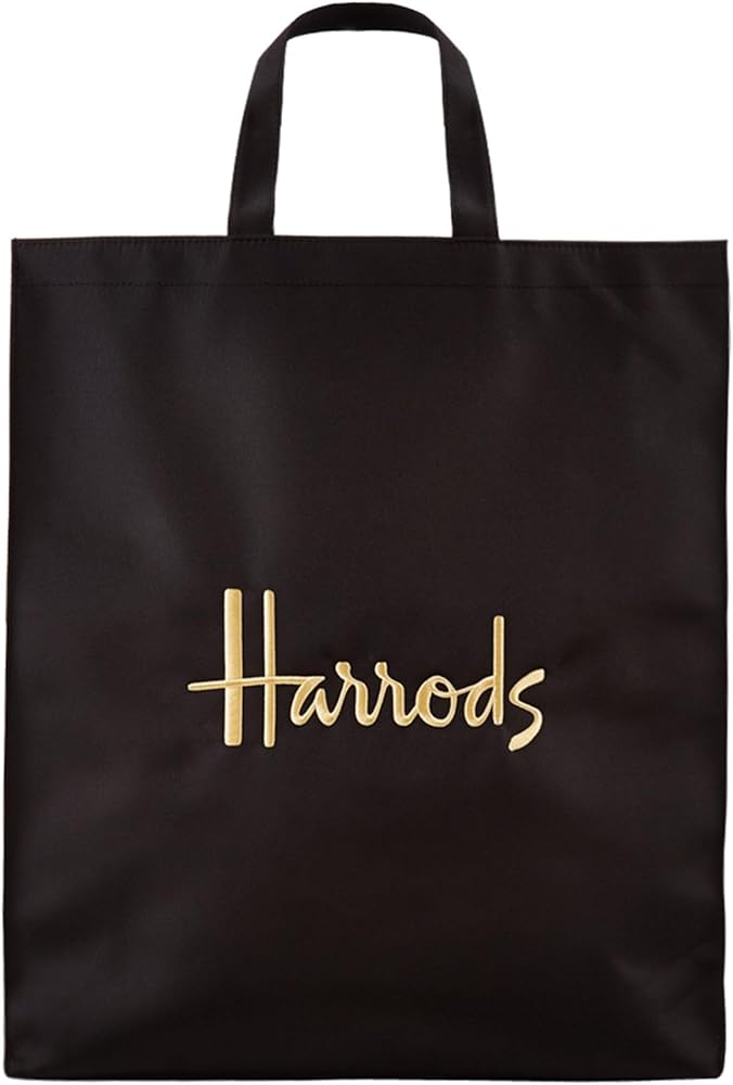 Harrods UK Logo Shopper Bag - Large Size, Black with Gold Embroidered Lettering, Black, Large