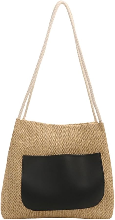 Women Casual Woven Straw Bag Holiday Beach Handbag Large Capacity Leather Stitching Shoulder Bag for Various Occasion