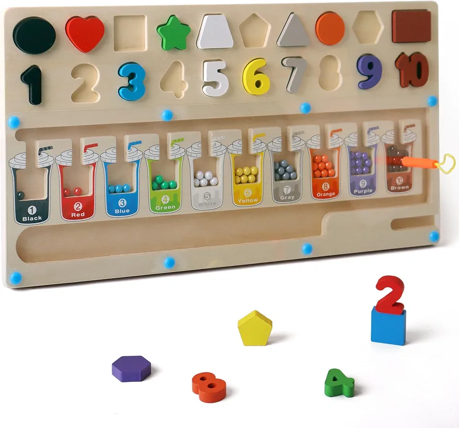 3 in 1 Educational Magnetic Color and Number Maze, Montessori Toys for Toddlers 3 Year Old, Shape and Number Wooden Puzzle Sorting Toys, Essentials for Preschool Learning Activities Classroom