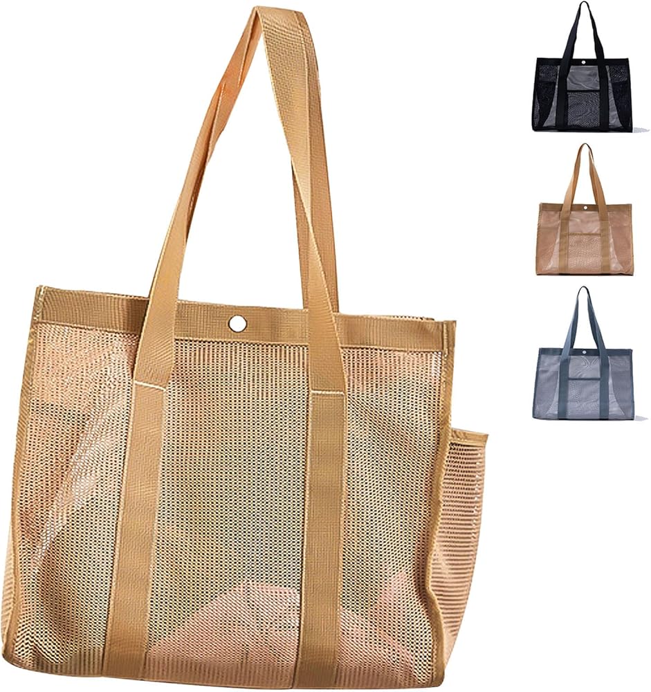 Tote Beach Bags for Women，Large Mesh Pool Tote Bag with Buckle Waterproof Pocket，Reusable Swimming Bag Summer Holiday Travel Bag Shopping Shoulder Bag Picnic Gym