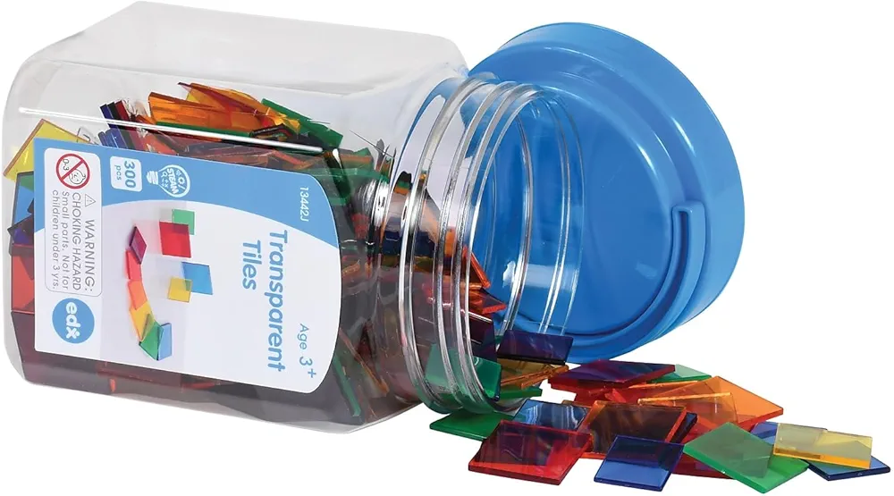 edx education Transparent Tiles - Mini Jar - Colorful, Plastic Squares - Light Box Accessory - Sensory Play - Math Manipulative