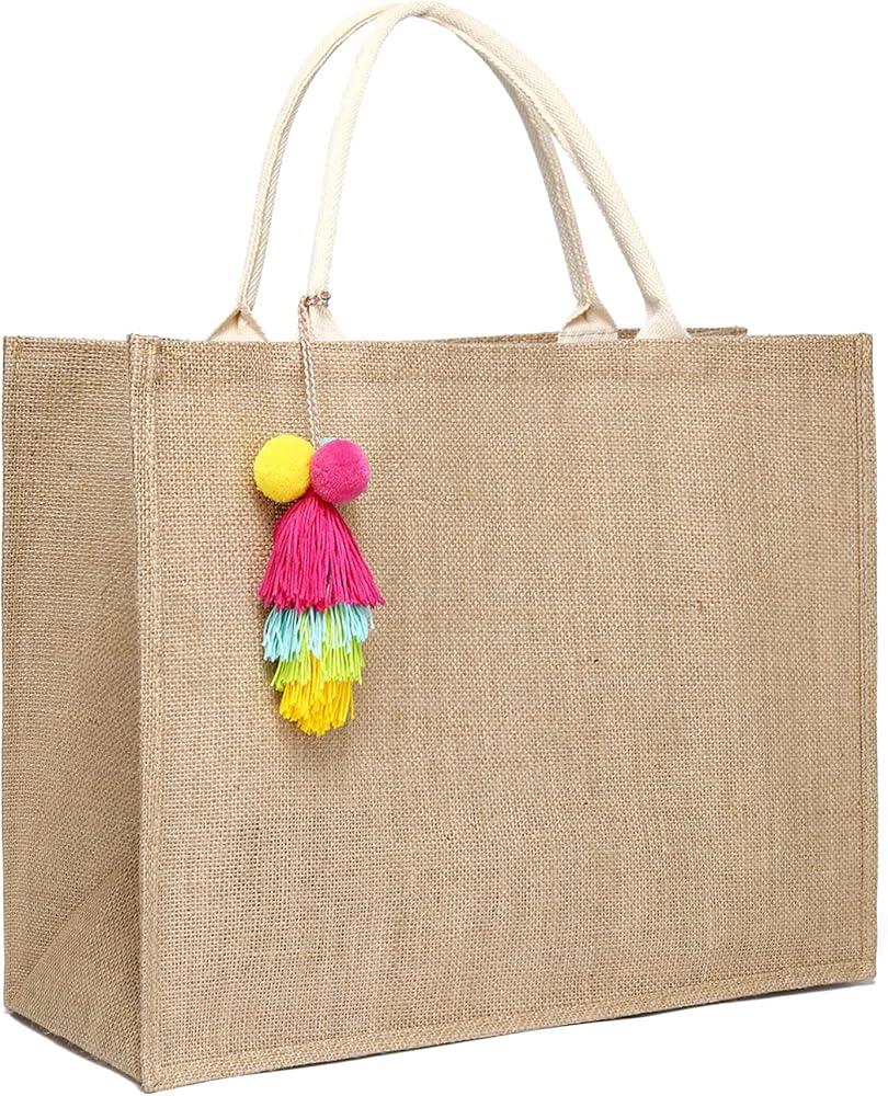 JOLLQUE Burlap Beach Bag for Women,Large Tote with Tassel,Summer Jute Woven Shoulder Shopping Bag