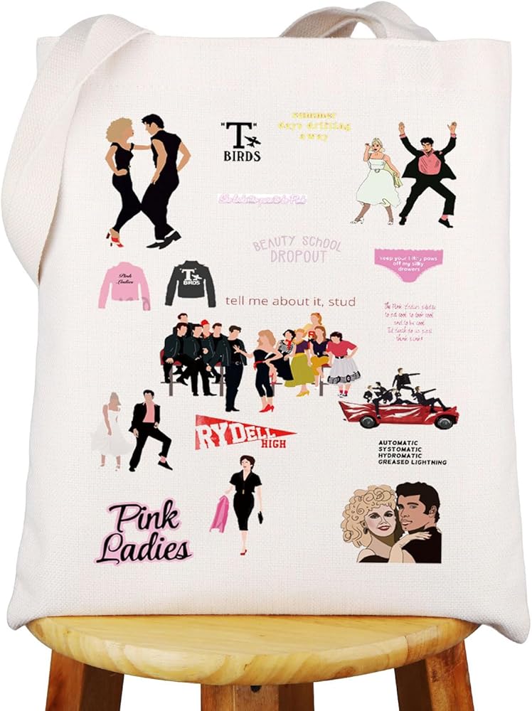 WZMPA Grease Music Canvas Tote Bag Sandy & Danny Fans Gift T Bird Pink Ladies Musical Shopping Handbag Broadway Grease Merch