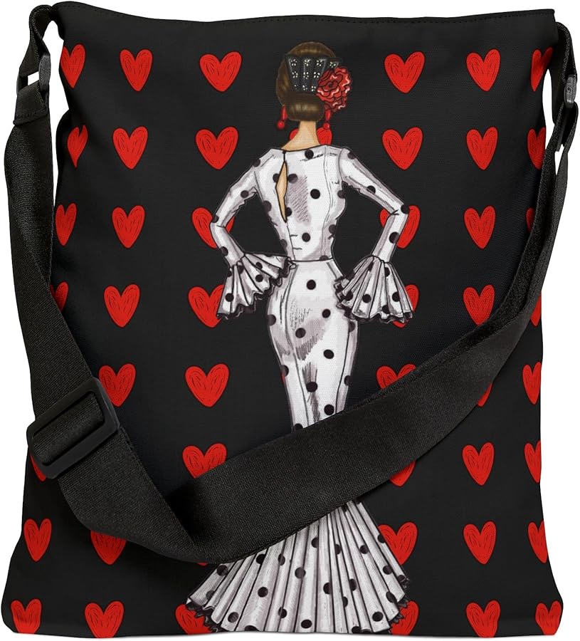IlustrArte Flamenco Tote Bag with Adjustable Handles and Inner Pocket: White Dress with Hearts
