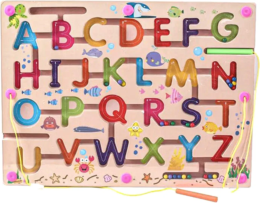 Kids Maze Wooden Puzzle Activity Magnet Toys Beads Board Game Play Set for Boys Girls Learning Education Toy with Magnetic Wand for Toddlers Infants Preschool Children