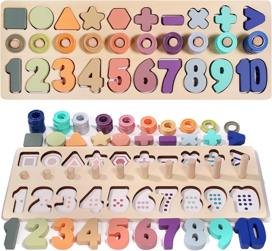 Montessori Toys for Toddlers Number Shapes Counting Board Boys and Girls Math Stacking Building Blocks Wooden Toys Preschool Learning Activates for 1 2 3 4 5Year Old Boys Gifts and Up