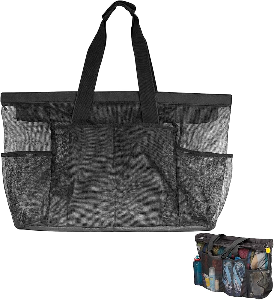 Mesh Beach Bag XXL Family: Large Beach Bag with Zip Swimming Bag Waterproof Beach Bag Women's Beach Bag Tote Bag for Beach Travel Pool Gym, black
