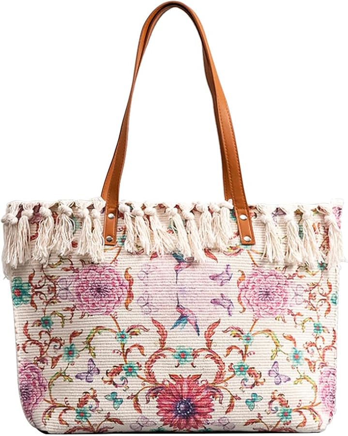 Women Ethnic Style Tote Bag Retro Canvas Shoulder Bag Casual Handbag with Tassels Bohemian Hobo Bag Summer Beach Bag