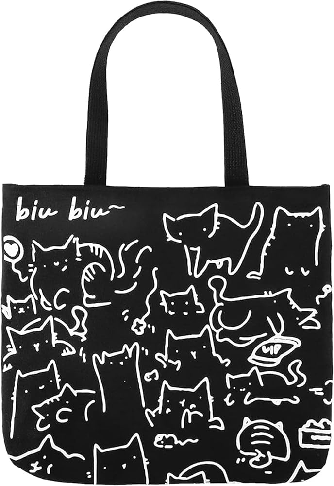 Eco Friendly Canvas Bag - Black Kitten Pattern Tote Bag, Cotton Shopping Bag, Reusable Shopping Bags