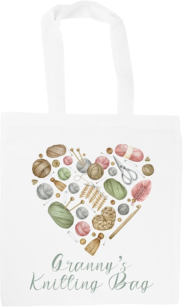 Grannys Knitting Bag - Craft Tote Bag Gifts for Granny - White Shopping Bag Accessories Present for Her, White, Brown, Pink, Green