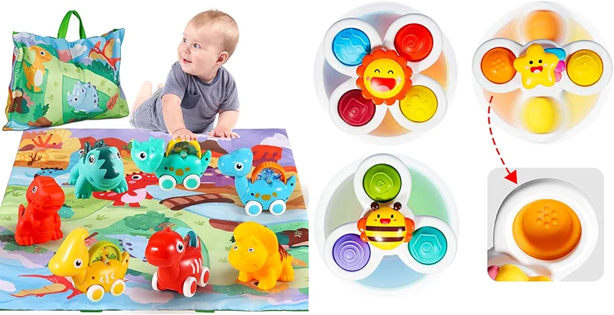 ALASOU 7 PCS Dinosaur Car Toys with Playmat and 3 PCS Suction Cup Spinner Toys for Infant and Toddlers