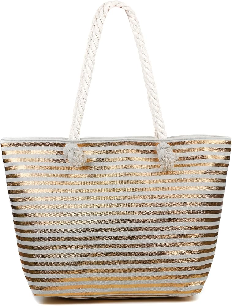 Extra Large Canvas Flower Stripe Print Beach Bag for Women with Zipper Shopping Reusable Carrier Bags for Ladies Girls Summer Tote Bag Shoulder Bag