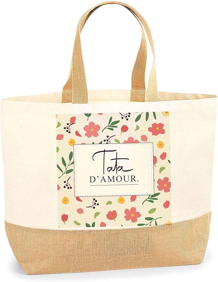 Tata d'amour flower bag | Shopping Beach Shopping Bag Cotton and Burlap Gift Idea, beige
