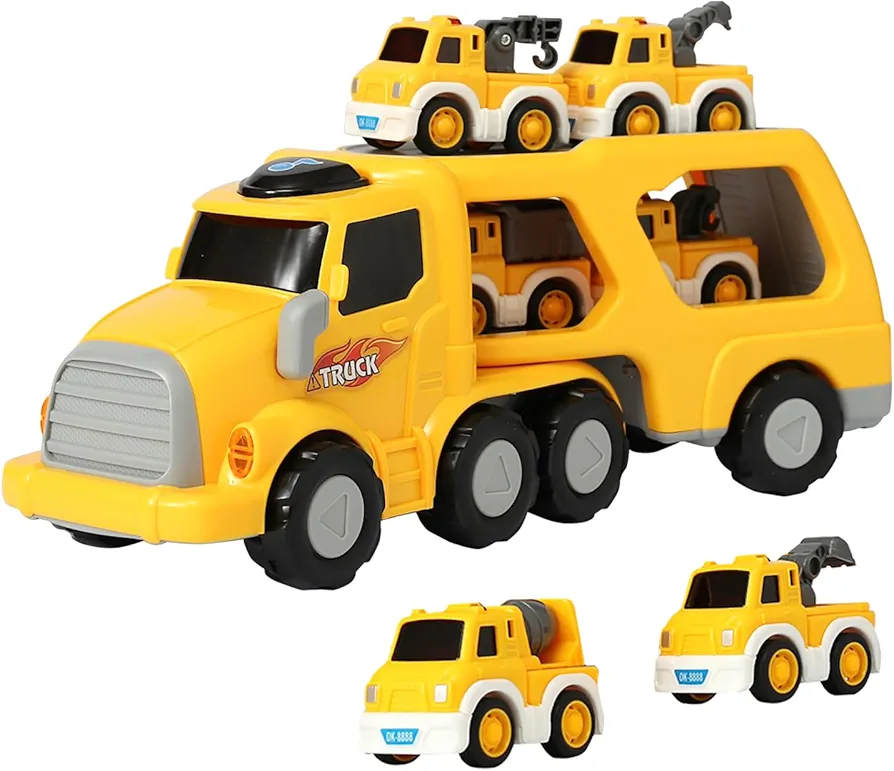 Toy Trucks for Boys. 7 Pack Toddler, Transport Truck with 6 Construction Toy. Carrier Truck with Sound & Flashlight.