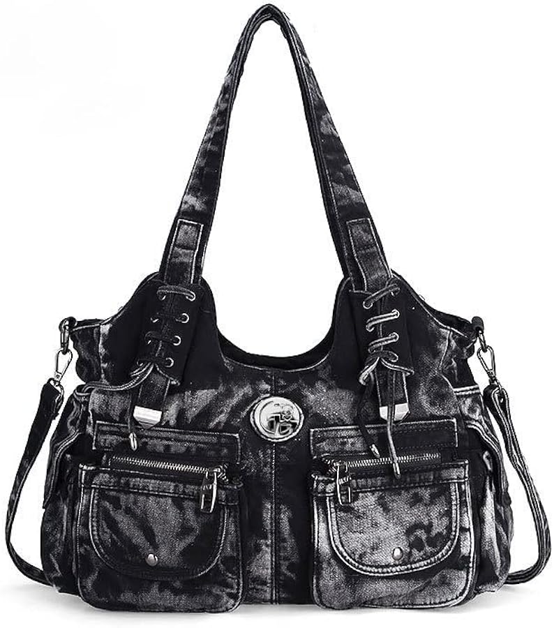 Large Capacity Handbag Denim Bag Casual Women Shoulder Bag Jeans Tote Bag Multiple Pockets Hobo Bag (Black)