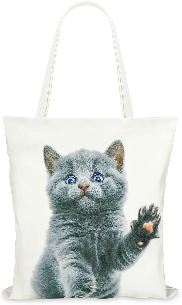 Fmeida Canvas Tote Bag for Women Reusable Tote Bags Aesthetic Cute Cat Heavy Duty 12OZ Cotton Tote Bags Eco Friendly Cloth Bag for Work College Shopping Travel Machine Washable