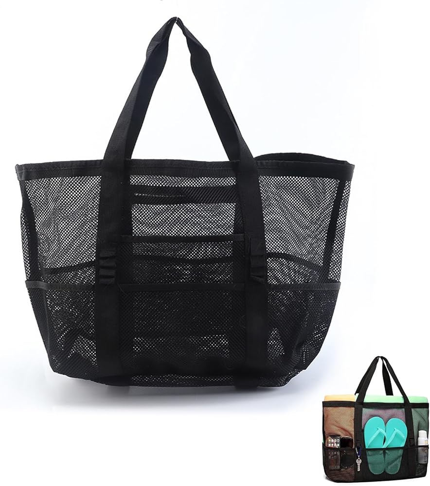 Large Mesh Beach Bag, Beach Tote Bag, Lightweight Durable 9 Pockets Beach Bags for Family, Foldable Shopping Bag with Inner Pocket, Black, 43(58)*40*20cm