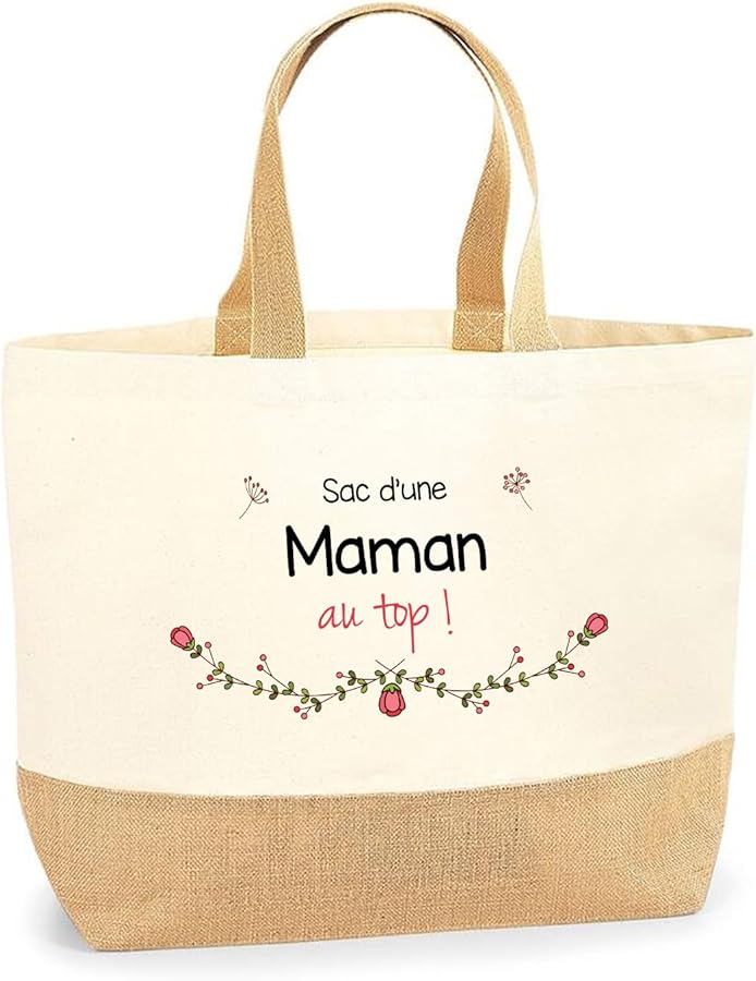 Maman au top bag | Cotton and Jute Beach Shopping Bag Gift Idea for Women, beige
