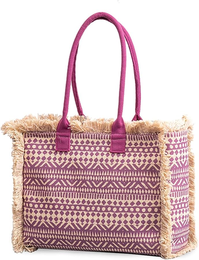 Women Canvas Handbag Ethnic Style Tote Bag Retro Shoulder Bag with Tassels Summer Beach Bag Bohemian Top Handle Bag