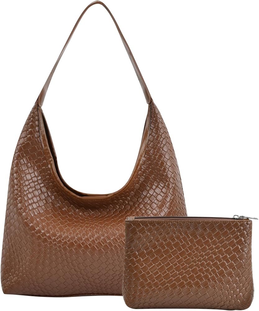Women's Woven Tote Bag, Handbag Set of 2, PU Leather Shoulder Bags with Clutches Woven Leather Shoulder Bag for School Work Travel Shopping (Brown), brown