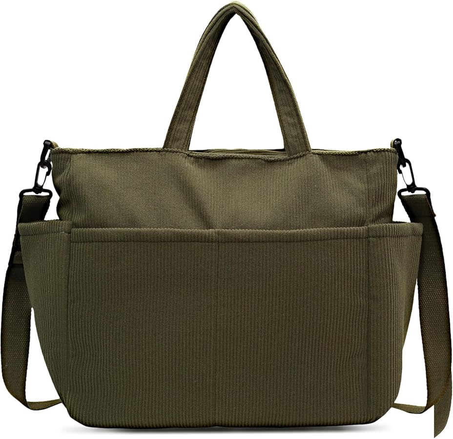 Corduroy women's shoulder bag with zipper and multiple pockets, suitable for daily life such as work, travel, shopping, campus, etc