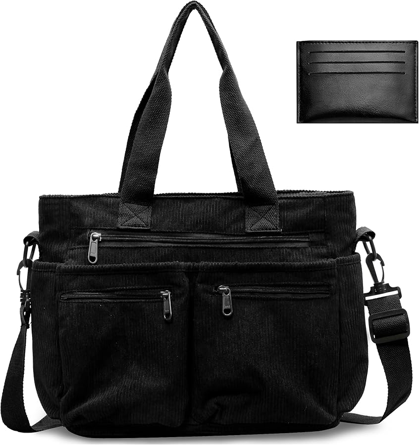Women's Large Shoulder Bag Corduroy Women's Shoulder Bag with Many Pockets Casual College Bag Shopper with Zipper Women's Bags Lightweight Tote Bag for Work School Shopping Travel