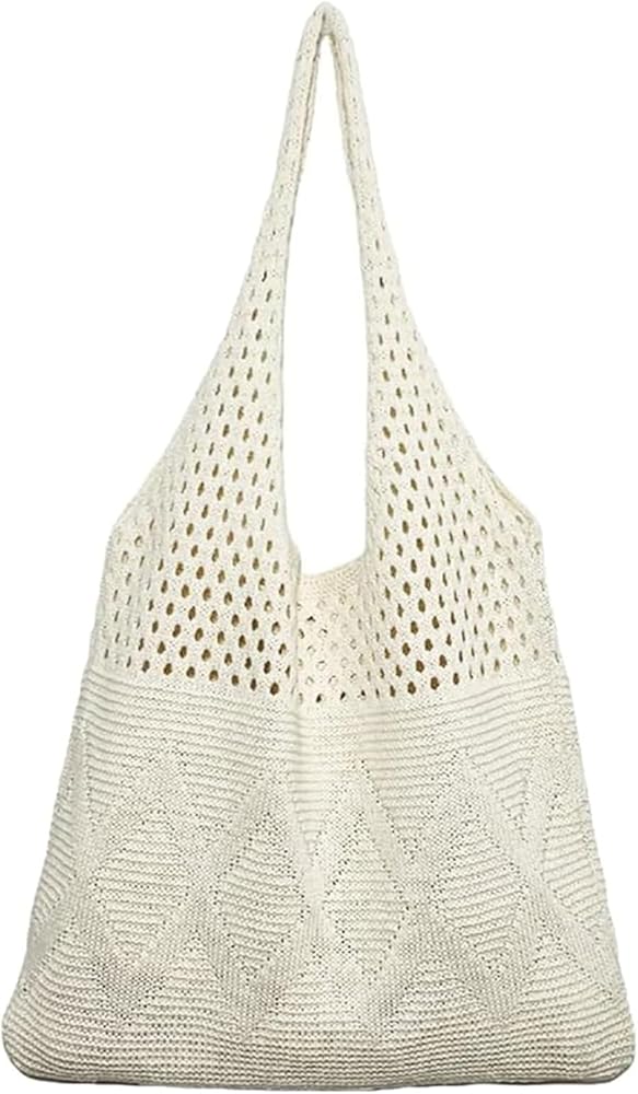 Crochet Mesh Beach Tote Bag Summer Y2K Aesthetic Knit Shoulder Bag Beige Large Capacity Hobo Bag for Women, Beige, L