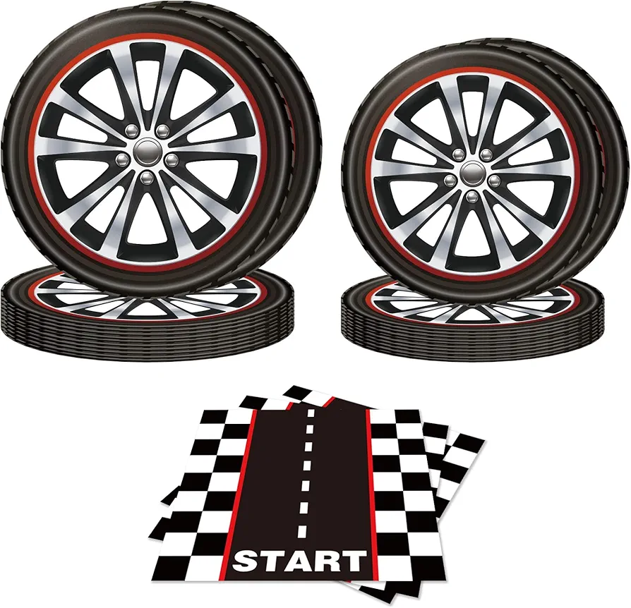 BINQOO 52Pcs Racing Party Tableware Plates Napkins Race Car Checkered Birthday Party Plates Set Car Birthday Party 7inch Dinner Plates 9inch Dessert Plates