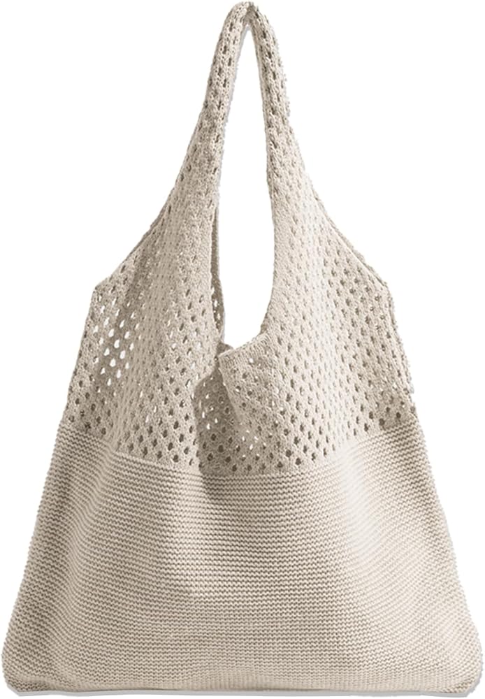 Crochet Tote Bag, Mesh Beach Bag for Women, Summer Vacation Aesthetic Knit Boho Shoulder Bag, Casual Handbag for Shopping Travel School Work (Beige), Beige, 33*38cm