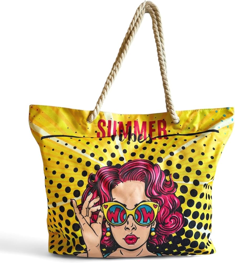 Vintage Cartoon Beach Bag 55 x 40 x 15 cm – Large Beach Bag in Lightweight Polyester Fabric with Zip and Rope Handles – Tot Bag – Women's Tote Bag – Travel Bag