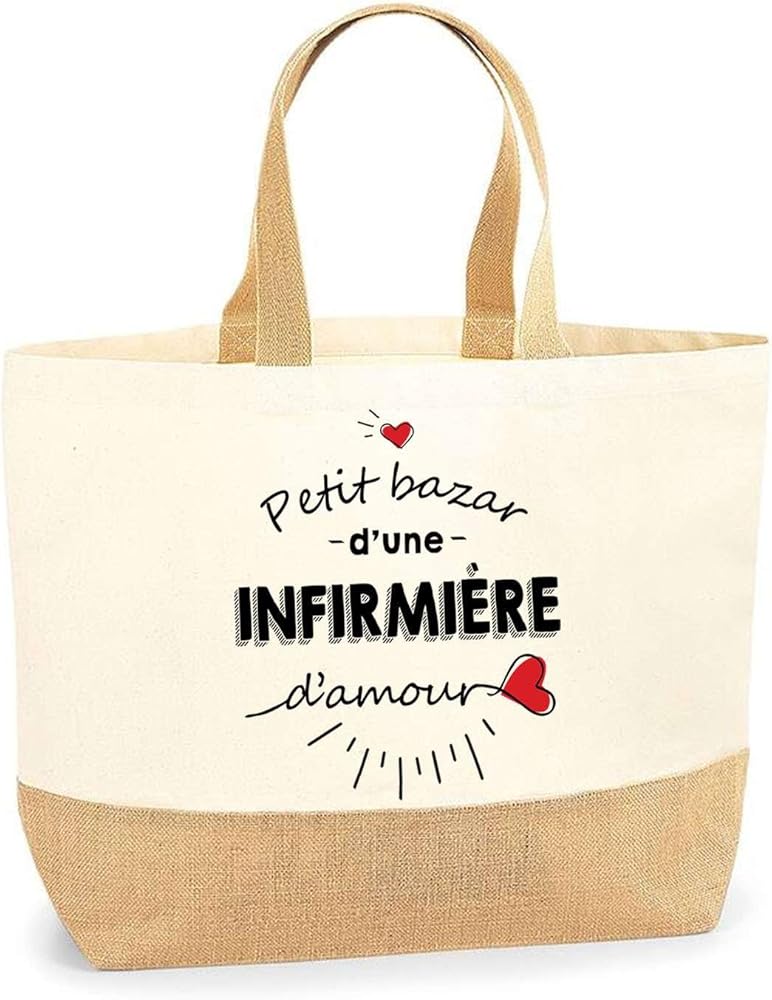 Women's Cotton and Jute Shopping Bag with Nurse of Love, beige