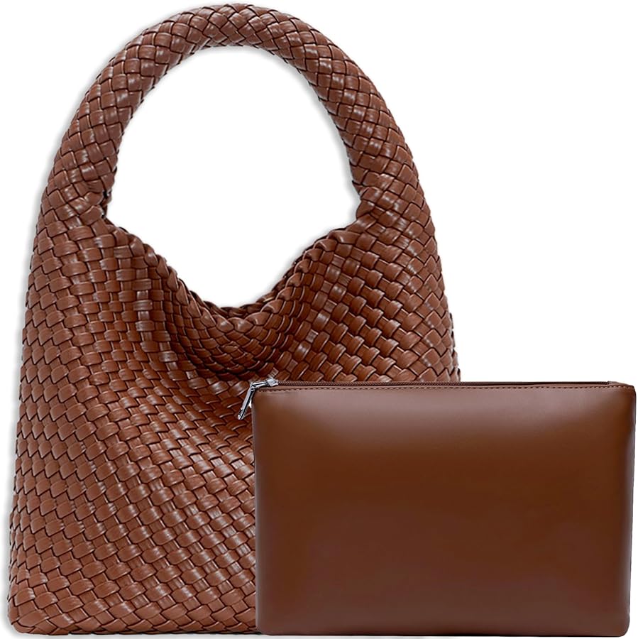 Women Vegan Leather Hand-Woven Tote Handbag Fashion Shoulder Top-handle Bag All-Match Underarm Bag with Purse